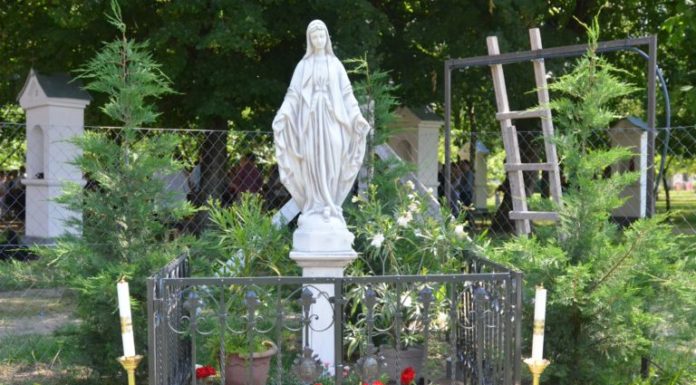 Régi áldoztató rácsból készült kerítés védi az új Mária szobrot Zákányszéken